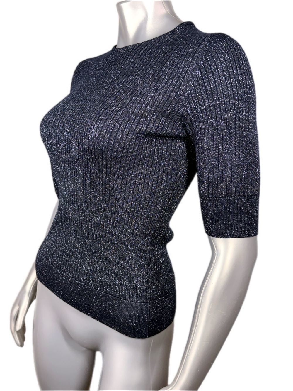 Tory Burch | Navy Blue Ribbed Short-Sleeve Metallic Knit Top - Silver Sparkle - Picture 4 of 14
